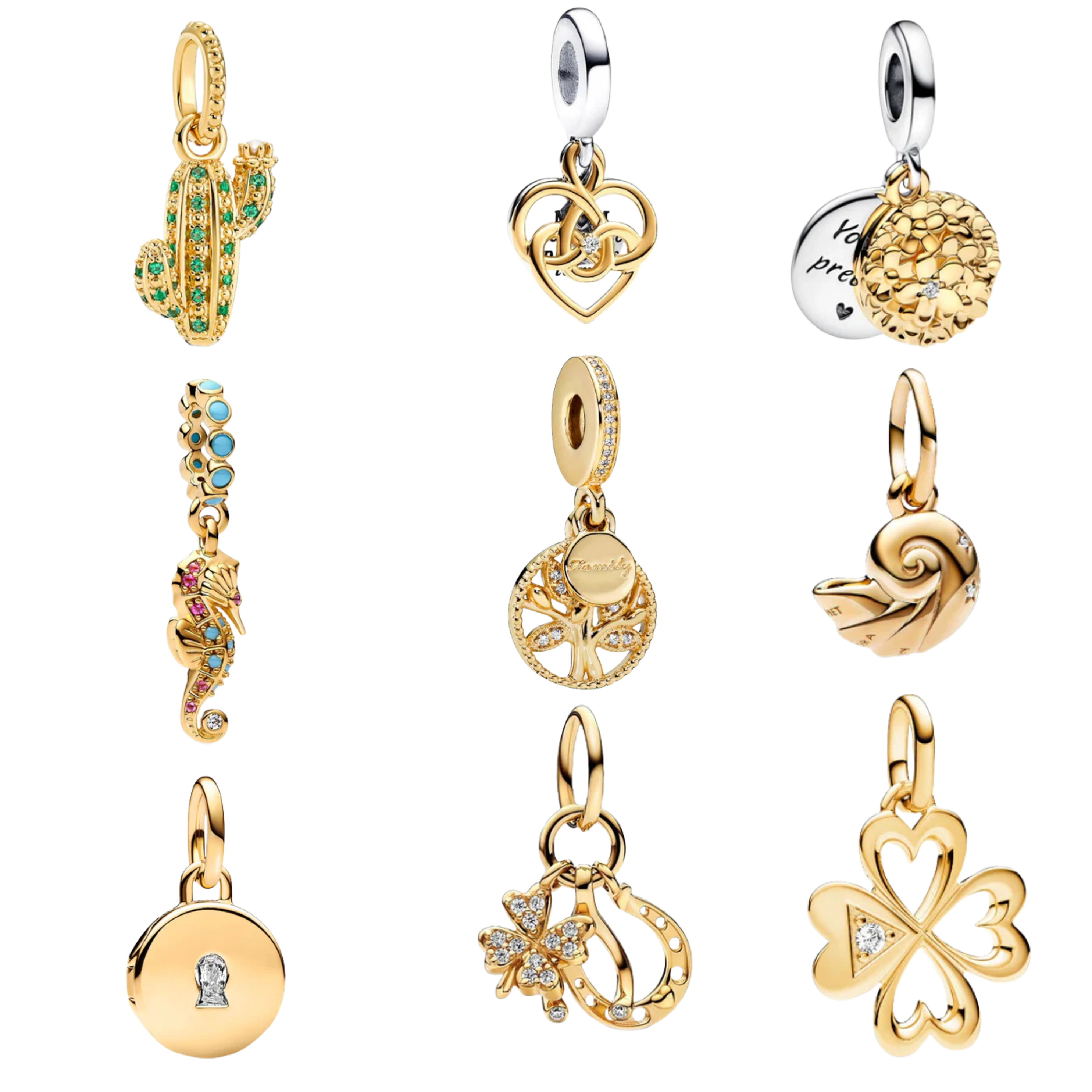 Cuentas de Oro con Dijes para Pulsera | Dijes de Lujo con Corazón, Trébol, Árbol y Cristal | Joyería Elegante para Mujeres
