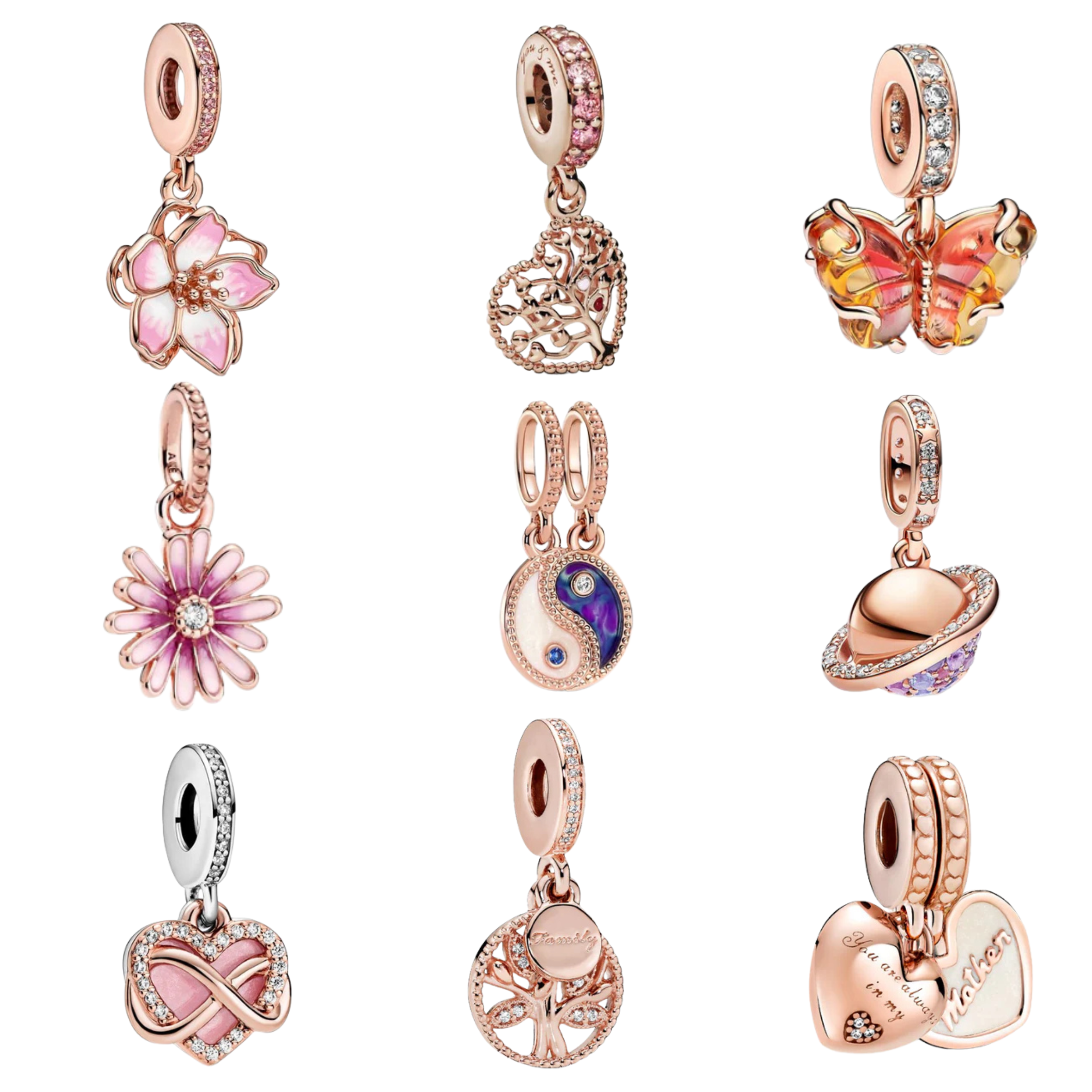 Rose Gold Charm Beads for Bracelet | Elegant Flower, Heart & Crystal Charms | Luxury Jewelry for Women