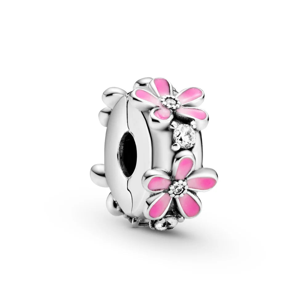 Abalorios con clip de plata de ley 925 – Cuentas espaciadoras elegantes y brillantes con diseños florales y minimalistas