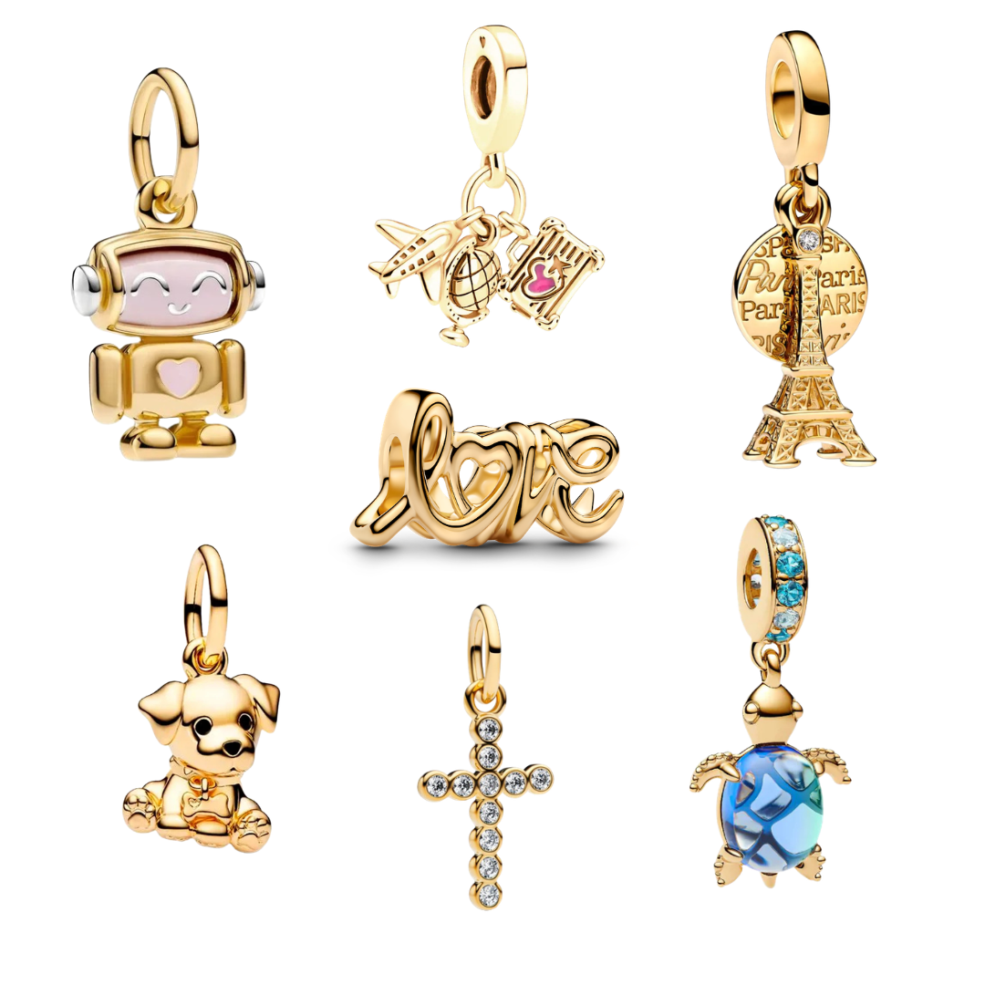 Abalorios Chapados en Oro de Plata de Ley 925 Viajes y Animales – Perro, Tortuga, Torre de París y Cuentas para Pulsera
