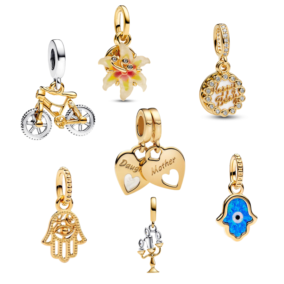 Abalorios de plata de ley 925 chapados en oro – Abalorios de amor, flores, mano de Fátima, madre e hija