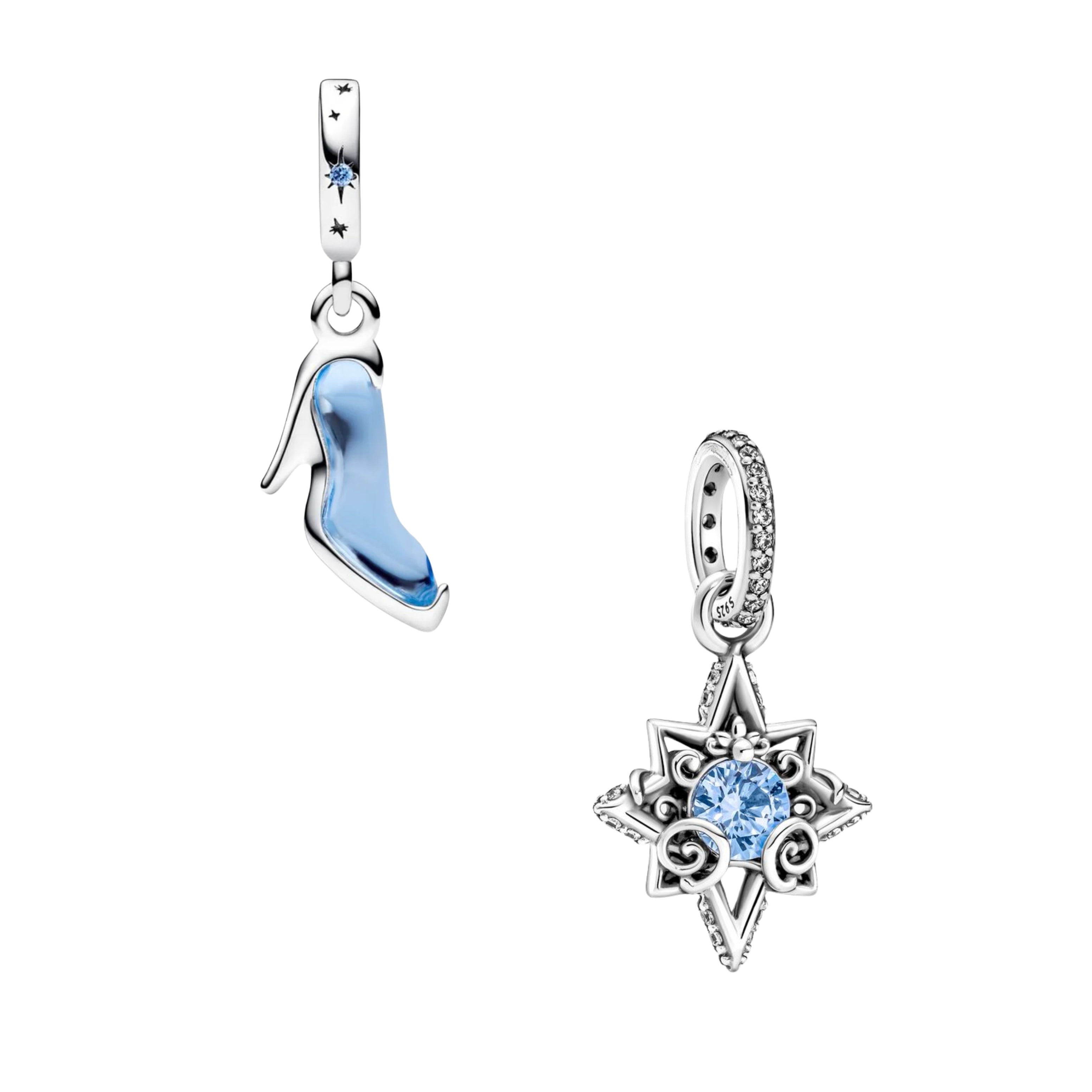 925 Sterling Silver Princess Charm Set – Glass Slipper & Sparkling Star Dangle Charms