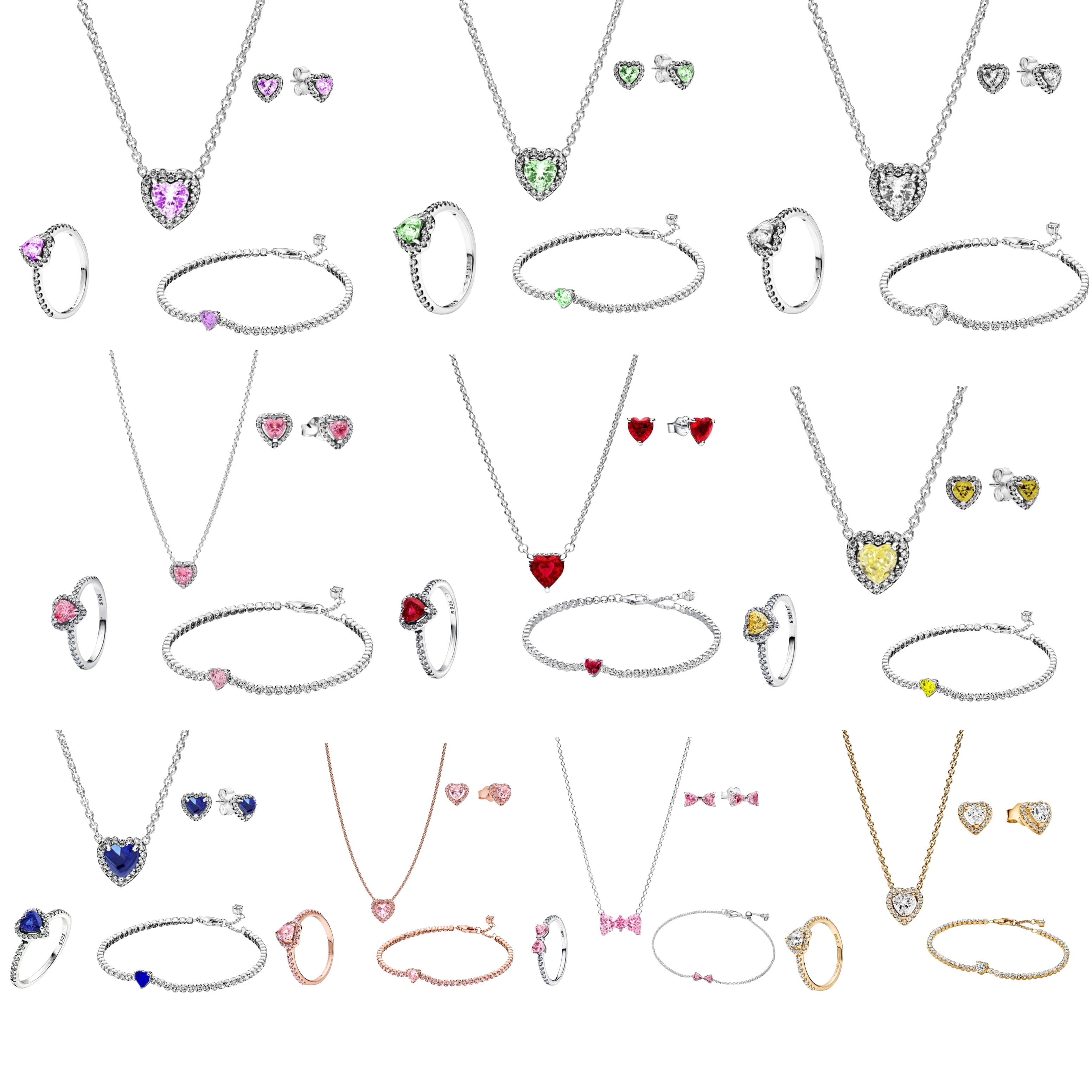 925 Sterling Silver Heart Jewelry Set – Necklace, Ring, Bracelet & Stud Earrings with Crystal Stones