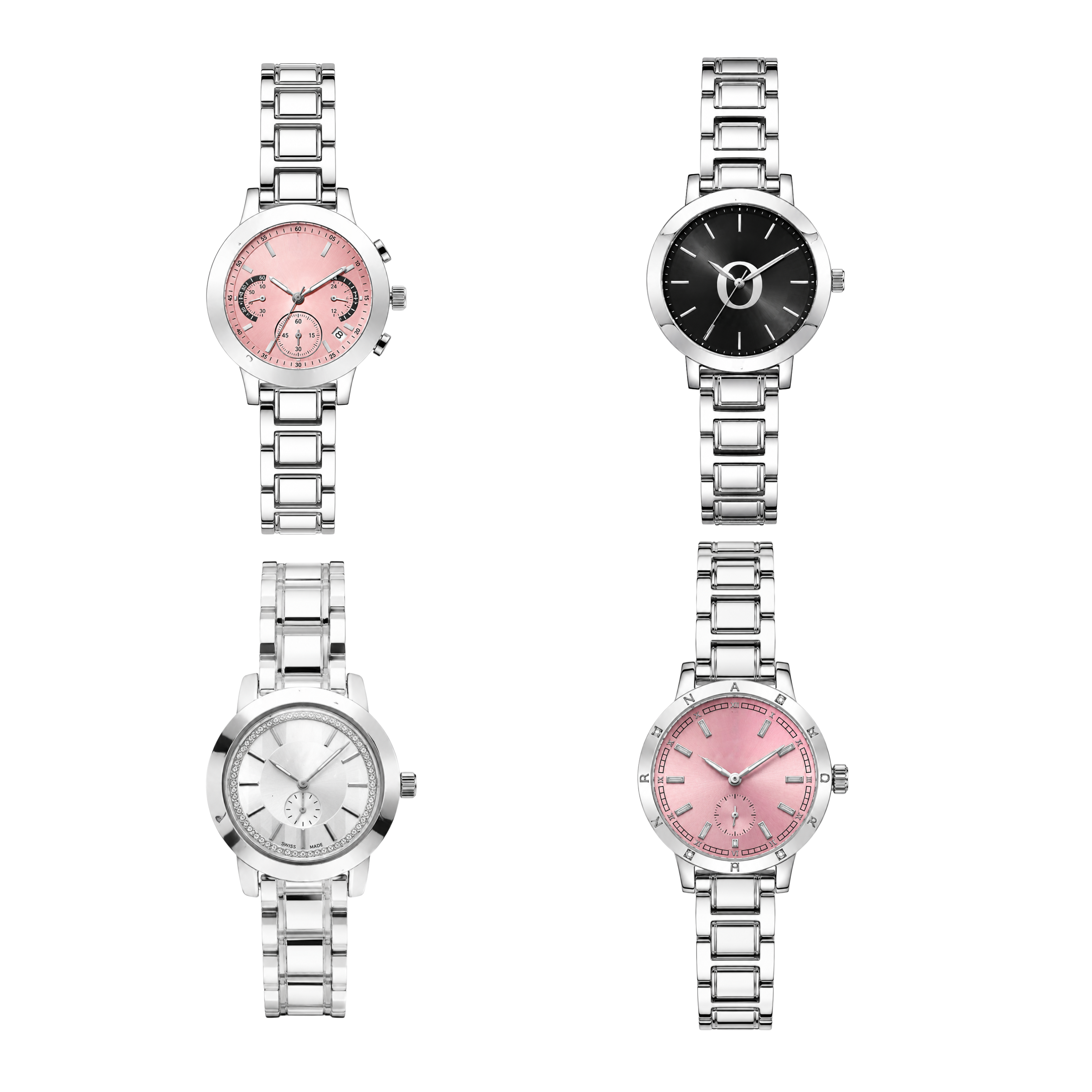 Women’s Silver Watches Set – Elegant Stainless Steel Bracelet Watches, Pink Black & Silver Dial Fashion Wristwatch