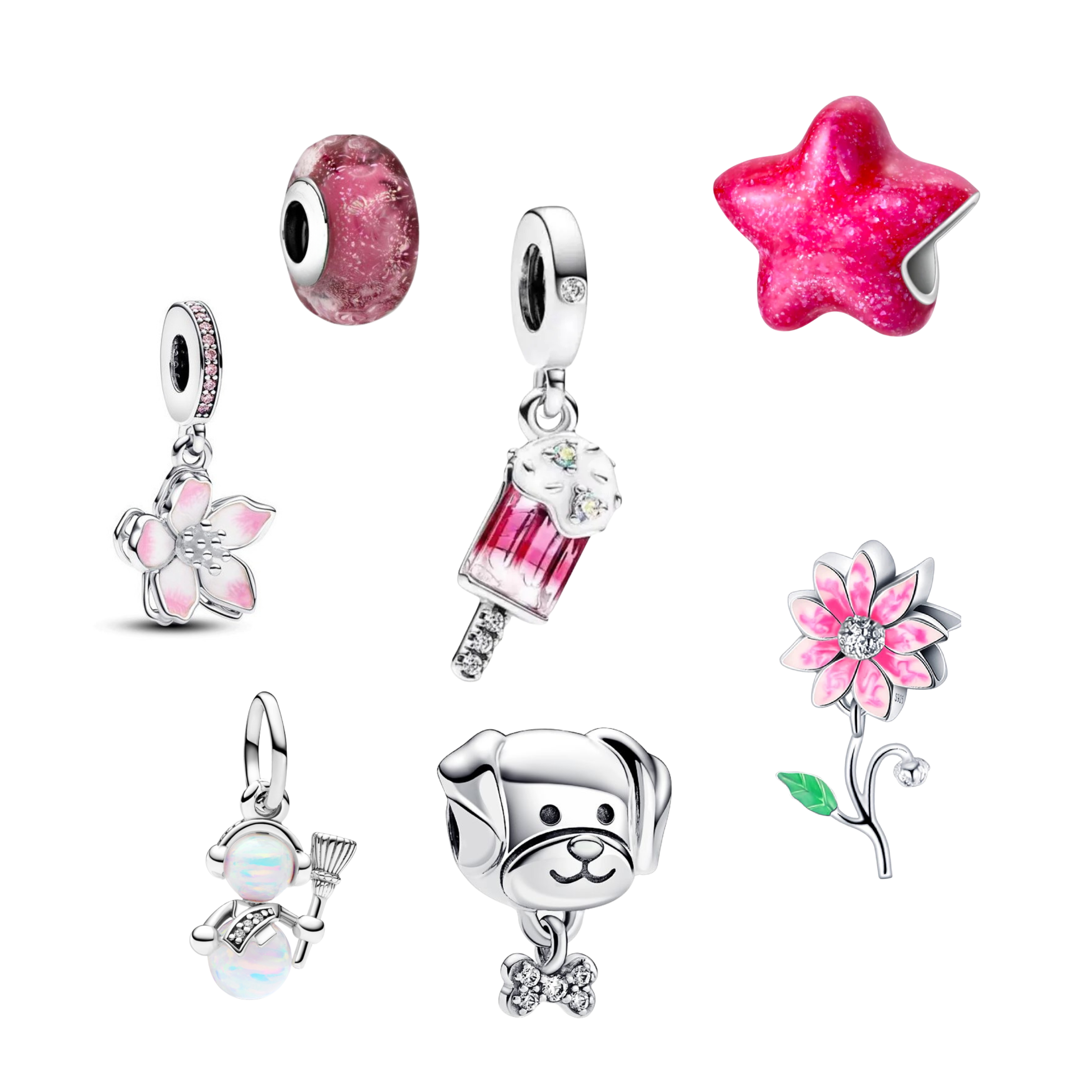 Abalorios Bonitos de Plata de Ley 925 – Estrella Rosa, Flor, Perro y Cuentas Dulces para Pulsera